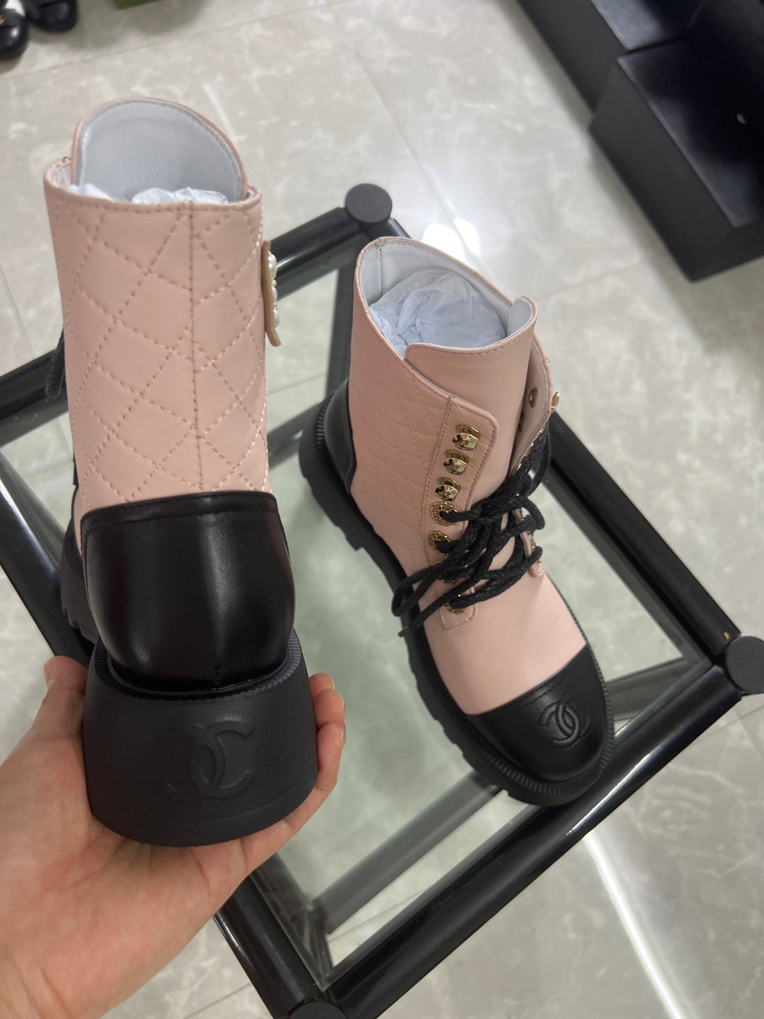 CC Combat Boots Pastel Pink Black Quilted Lambskin 944573