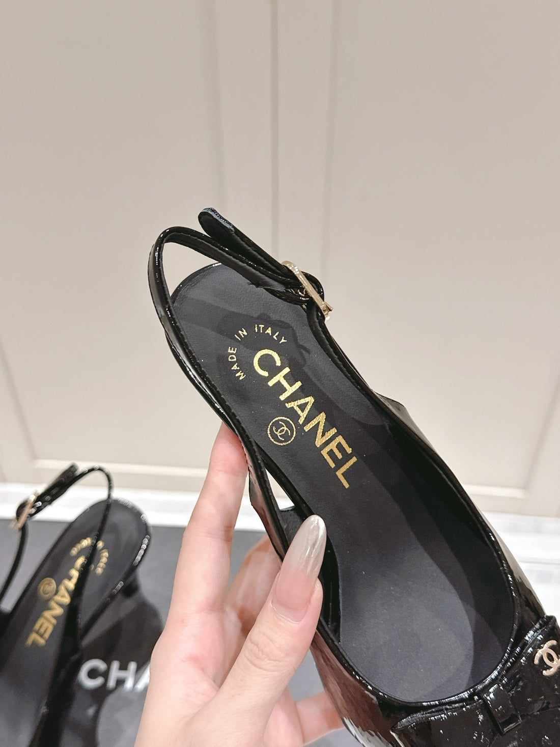 Chanel 25A Slingback Black Patent  Calfskin 393073