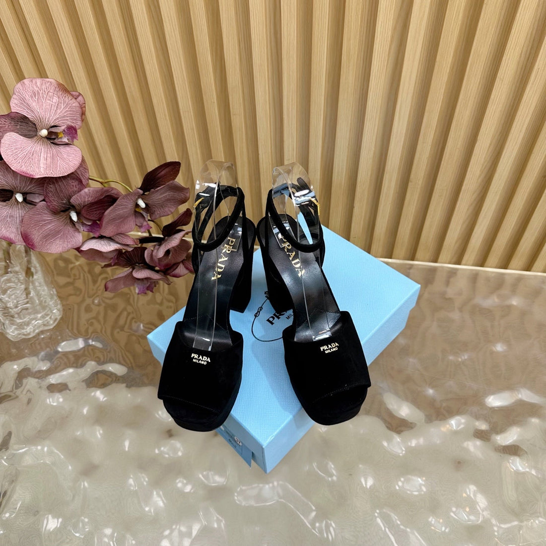 Prada 2025 Plateau-Sandalen Schwarz Samt Leder 537730