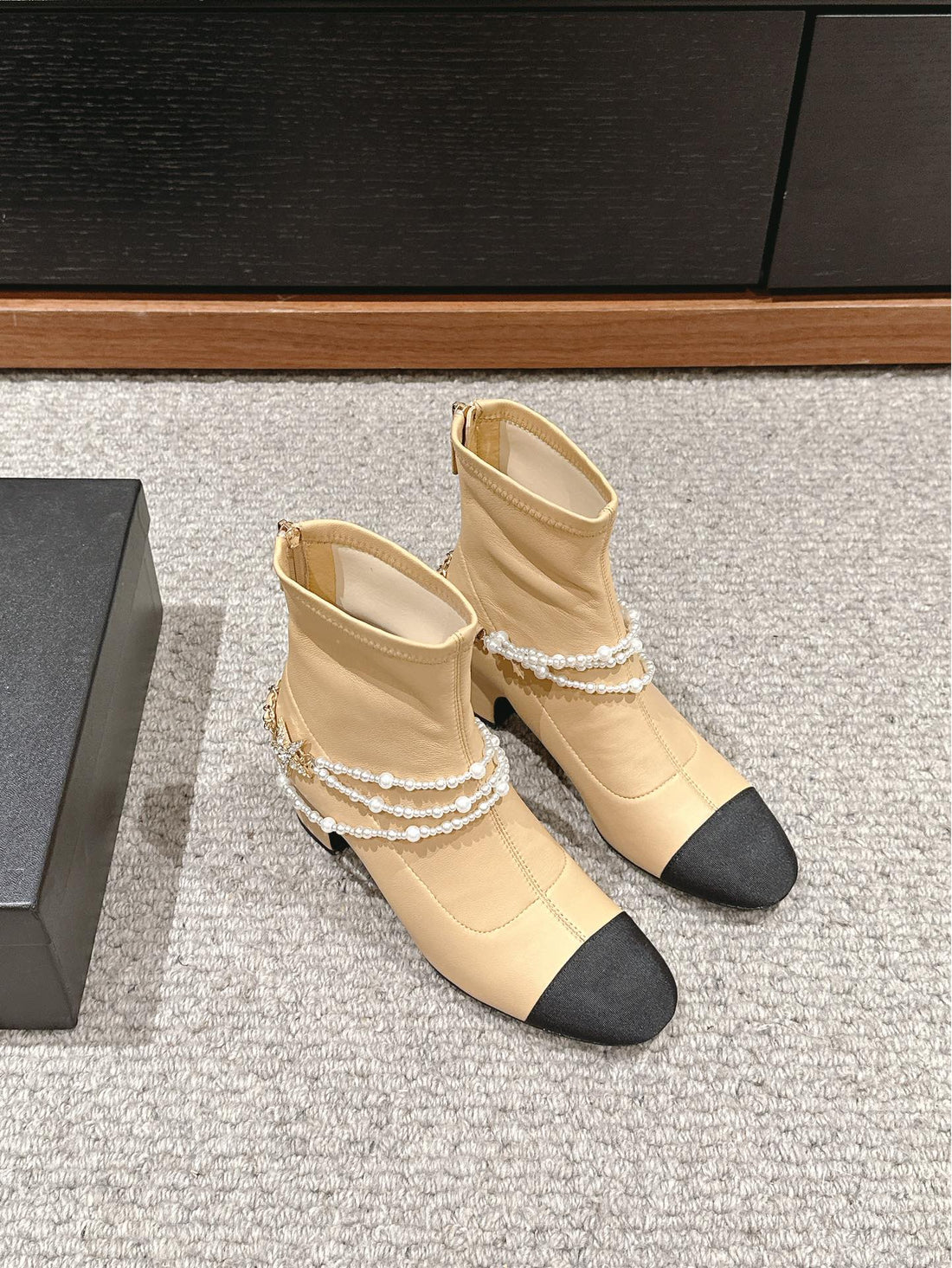 CC LOW CUT BOOTS IN SEPIA BEIGE STRETCH LAMBSKIN AND GROSGRAIN WITH PEARL CHAIN