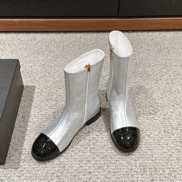 CC Short Boot Silver Metalic Lambskin Black Patent Calfskin