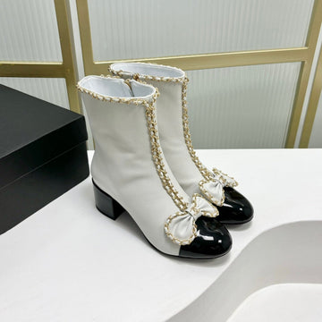 CC Ankle Boot 65 White Calfskin Black Patent Calfksin Leather Strap