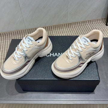 Chanel 25 Sneaker Weiß Beige Silber Mesh Leder 540313