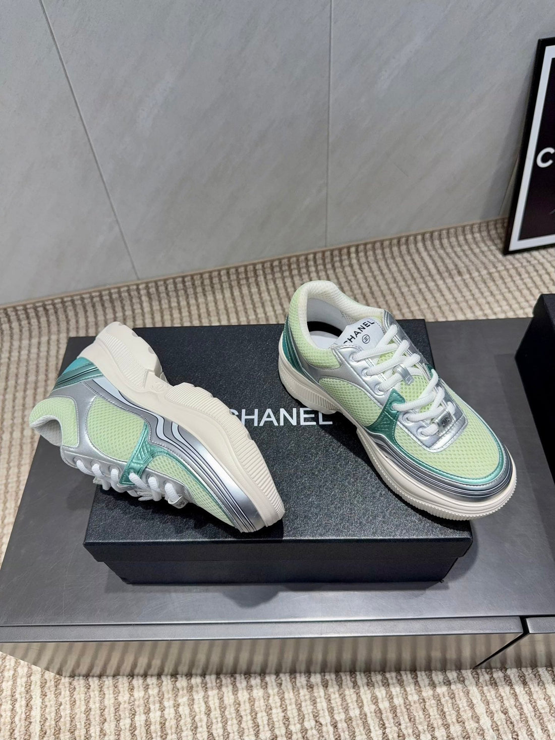 Chanel 25 Sneaker White Green Silver Mesh Leather 540315