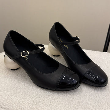 Chanel Mary Jane Pumps with Pearl Heels Black White Leather