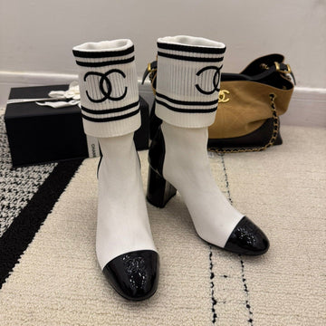 CC 2025 Chunky Heel Sock Boot White Leather Knit 548118