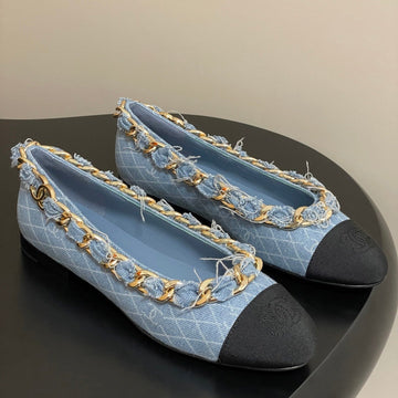 Chanel 25A Ballet Flats Big Chain Double C Blue Denim Sheepskin 393817