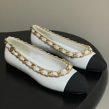 Chanel 25A Ballet Flats Big Chain Double C White Black Sheepskin 393819