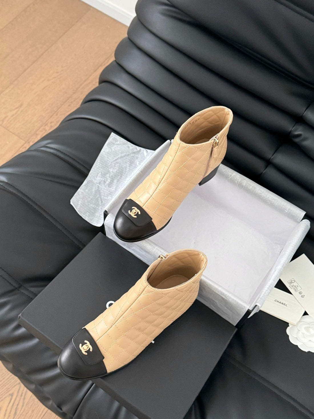 CC SHORT BOOTS 65 MM IN SEPIA BEIGE MIX BLACK QUILTED PATTERN LAMBSKIN