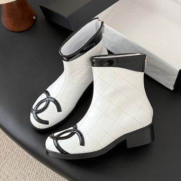 CC 2025 Vintage Cambon Mid-Calf Short Boots White Black Cowhide 550633