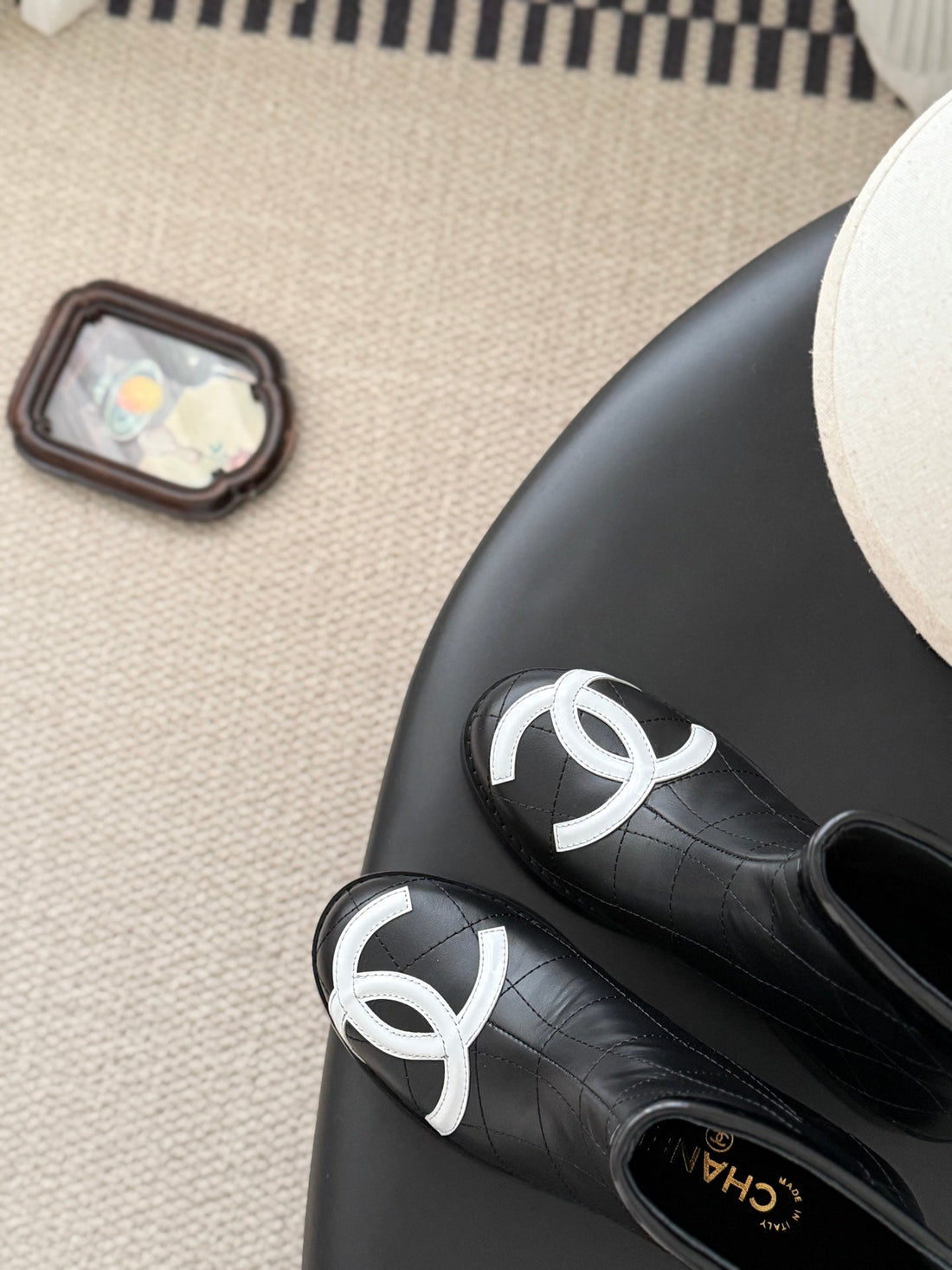 CC 2025 Vintage Cambon Mid-Calf Short Boots Black White Cowhide 550634