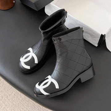 CC 2025 Vintage Cambon Mid-Calf Short Boots Black White Cowhide 550634