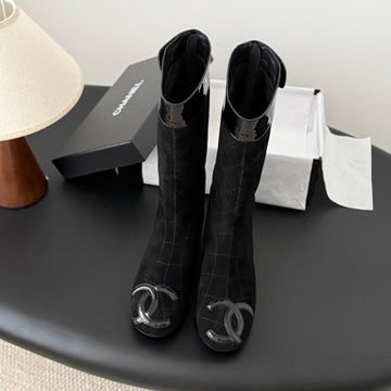 CC 2025 Vintage Cambon Mid-Calf Boots Black Suede Patent Leather 550641