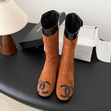 CC 2025 Vintage Cambon Mid-Calf Boots Brown Black Suede Patent Leather 550642