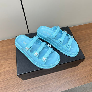 dad sandals cloud blue triple strap lambskin mules