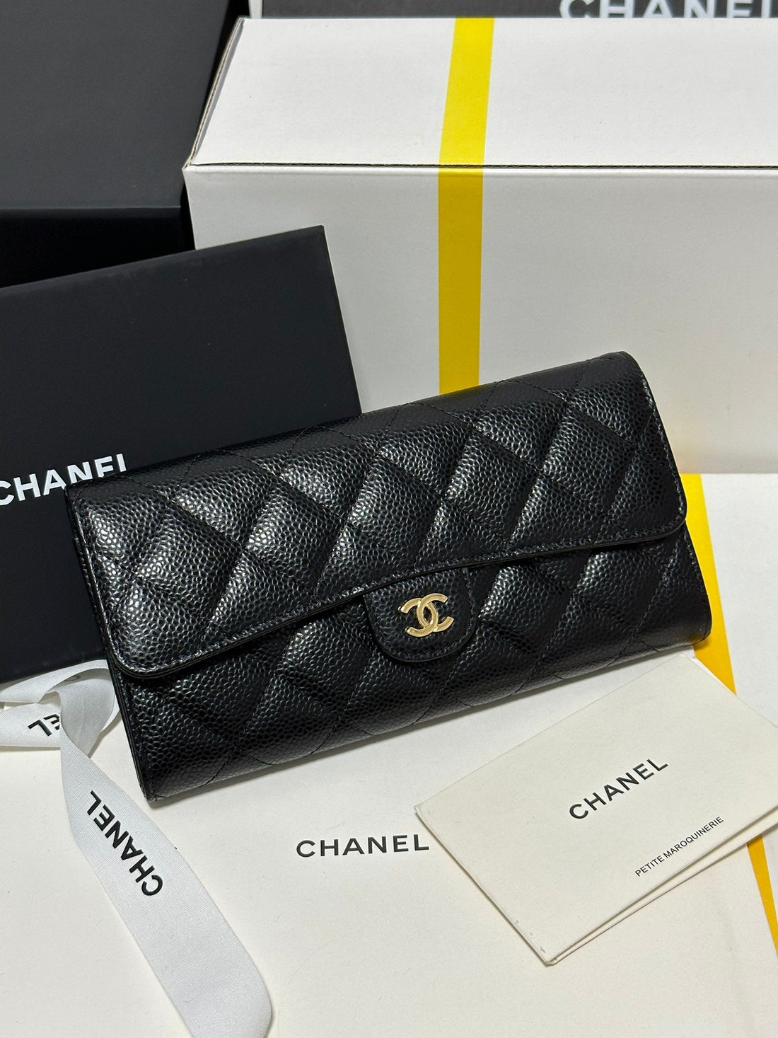 CHANEL Classic Long Flap Wallet Black Quilted Caviar Gold Buckle 243676 - bag