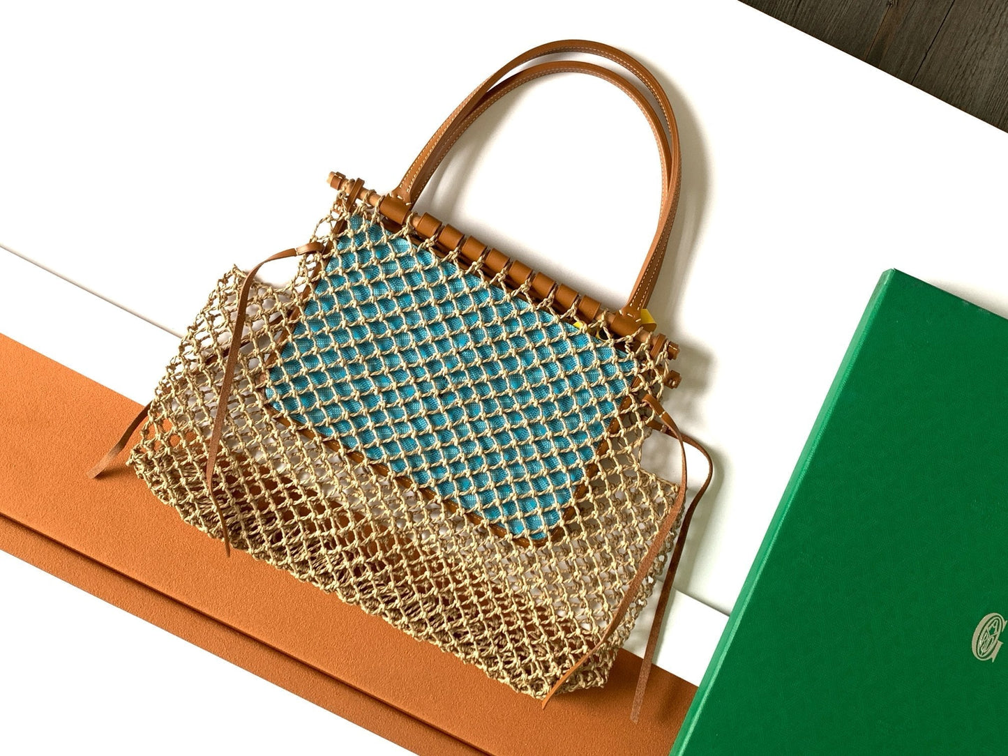 ALIGRE BAG 40 IN BABY BLUE WOVEN RAFFIA AND CALFSKIN
