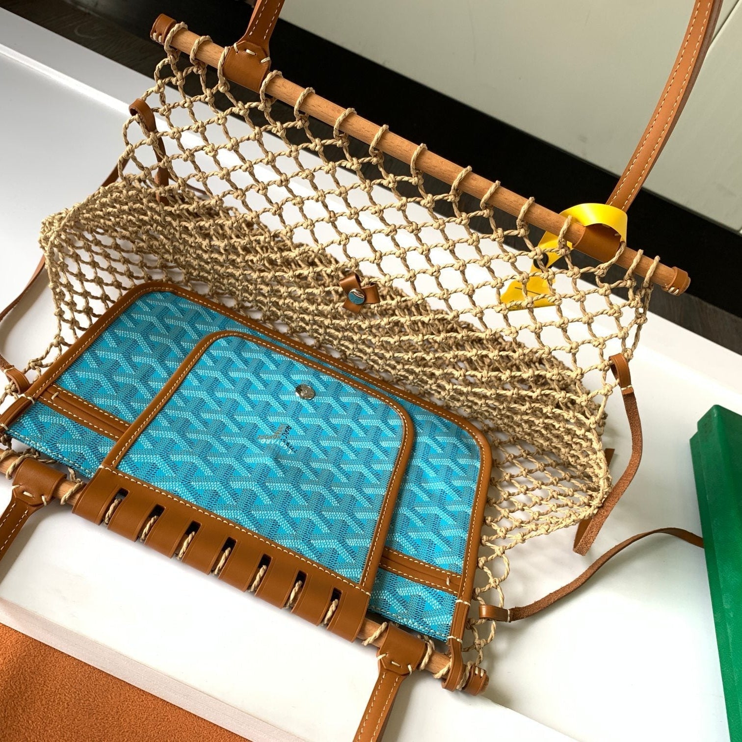 ALIGRE BAG 40 IN BABY BLUE WOVEN RAFFIA AND CALFSKIN