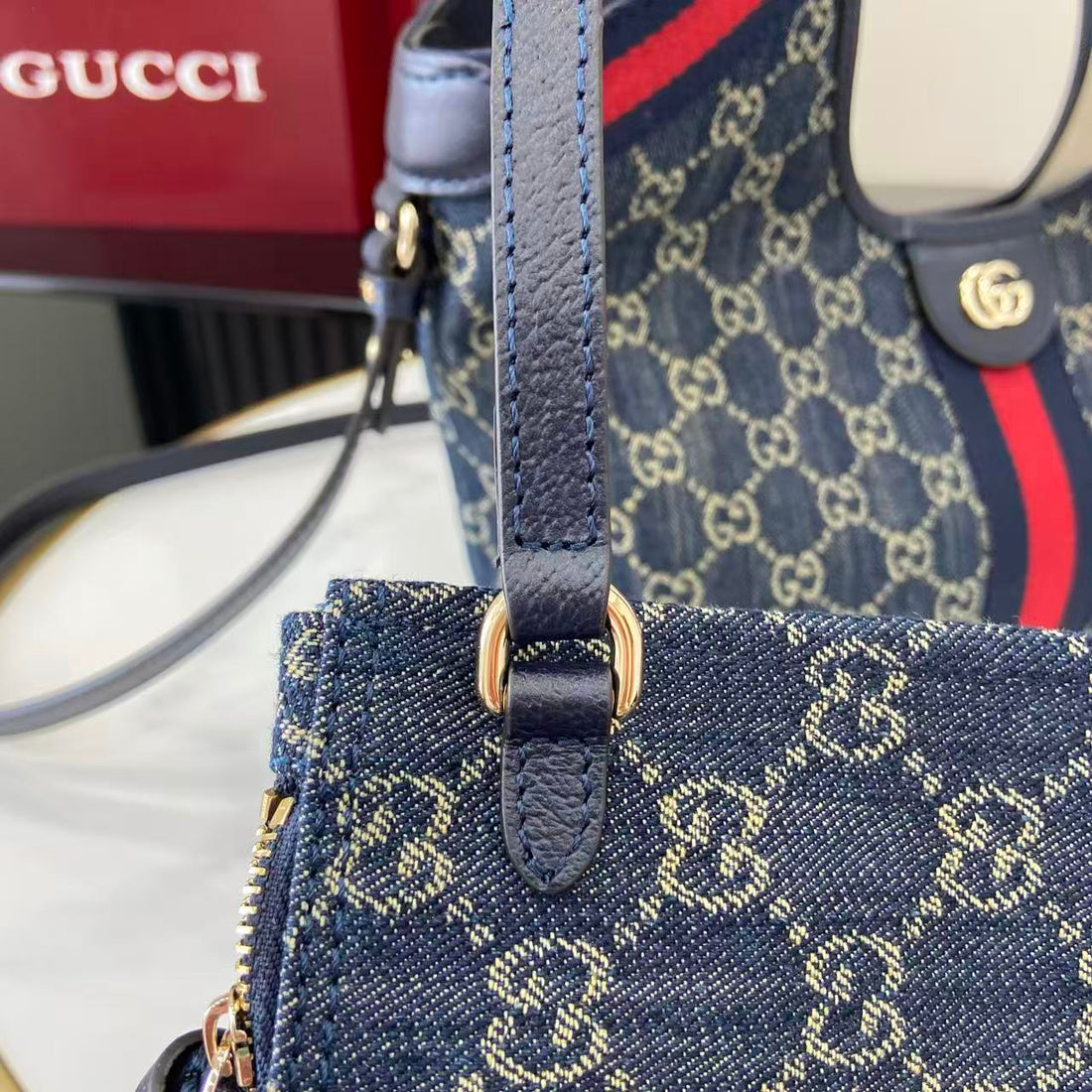Gucci 25 Giglio 25cm Bag Blue Denim Leather 292387