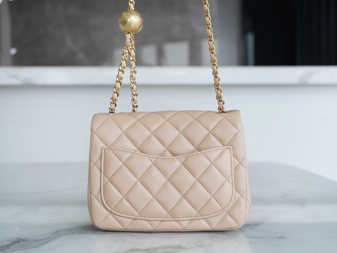 CHANEL CLASSIC FLAP 17 MINI SQUARE LIGHT BEIGE LAMBSKIN GHW - bag