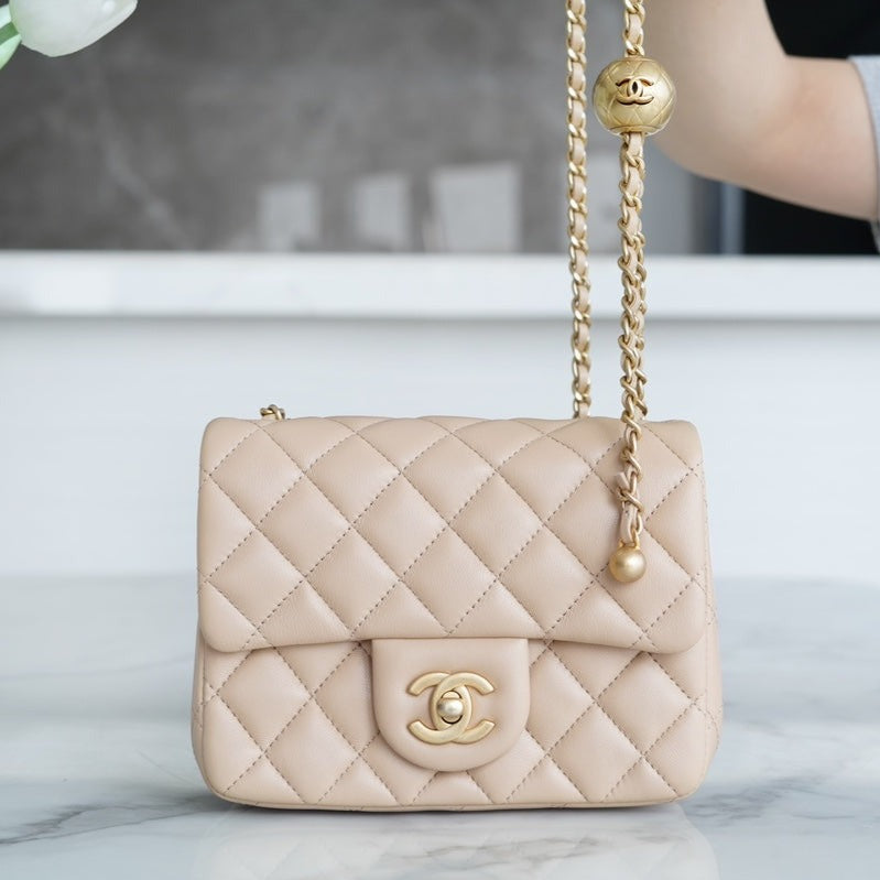 CHANEL CLASSIC FLAP 17 MINI SQUARE LIGHT BEIGE LAMBSKIN GHW - bag