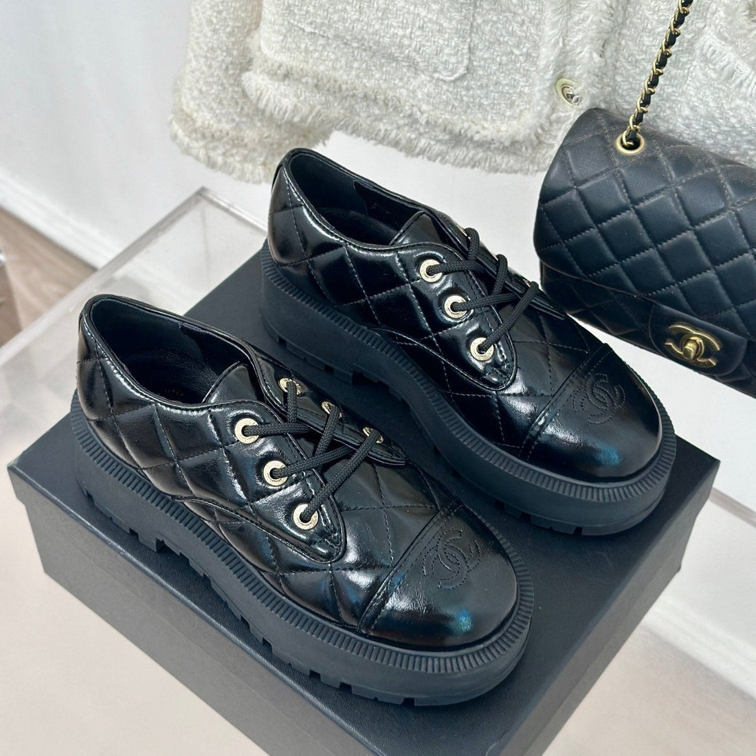 CHANEL Classic Sneaker 50mm Glossy Black Quilted Calfskin - Shoe