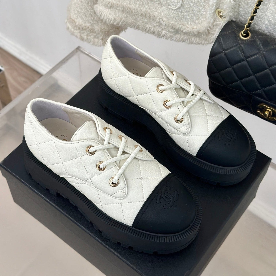CHANEL Classic Sneaker 50mm White Quilted Wrinkled Calfskin - Shoe
