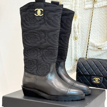 CC cowboy mid-calf boots black sheepskin denim fabric 511980