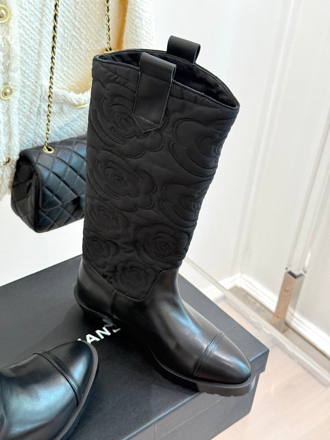 CC cowboy mid-calf boots black sheepskin denim fabric 511980