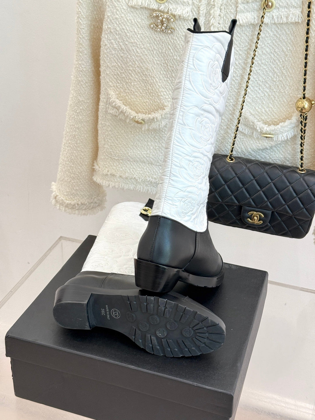 CC cowboy mid-calf boots black white sheepskin denim fabric 511981