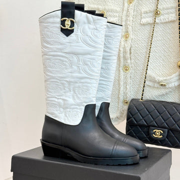 CC cowboy mid-calf boots black white sheepskin denim fabric 511981