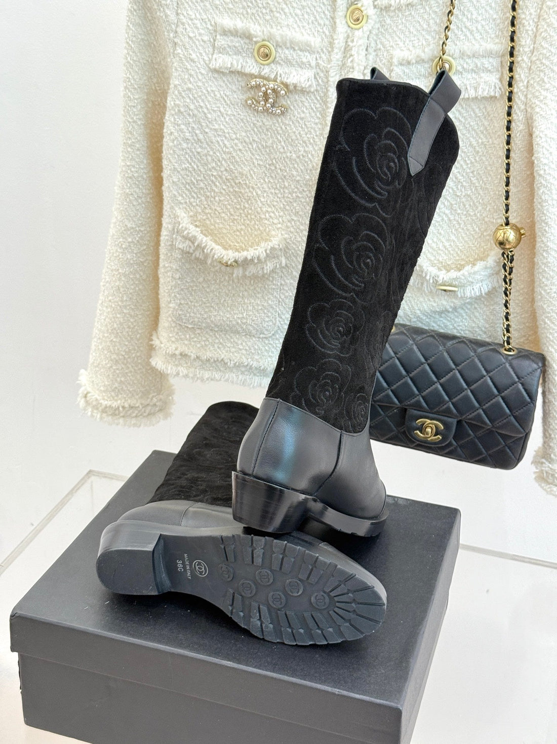 CC cowboy mid-calf boots black sheepskin suede 511984