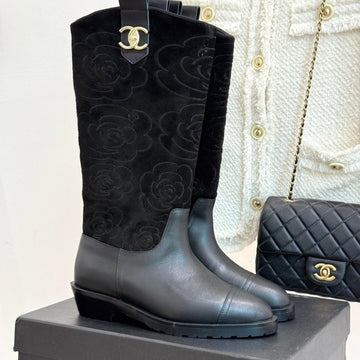 CC cowboy mid-calf boots black sheepskin suede 511984