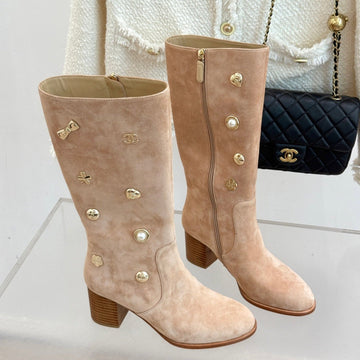 CC High Heel Boots Beige Suede Mix Charm 512033
