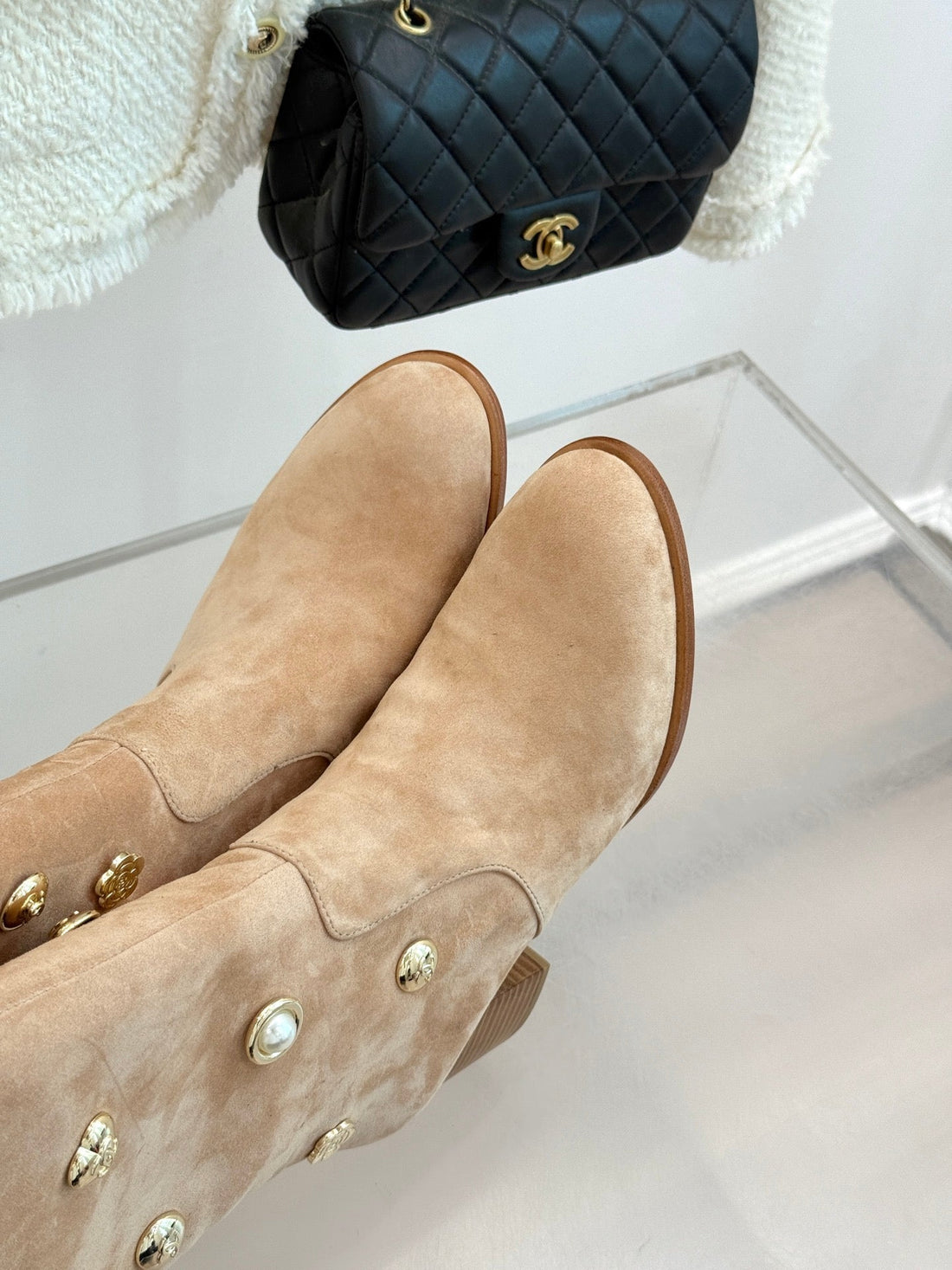 CC High Heel Boots Beige Suede Mix Charm 512033