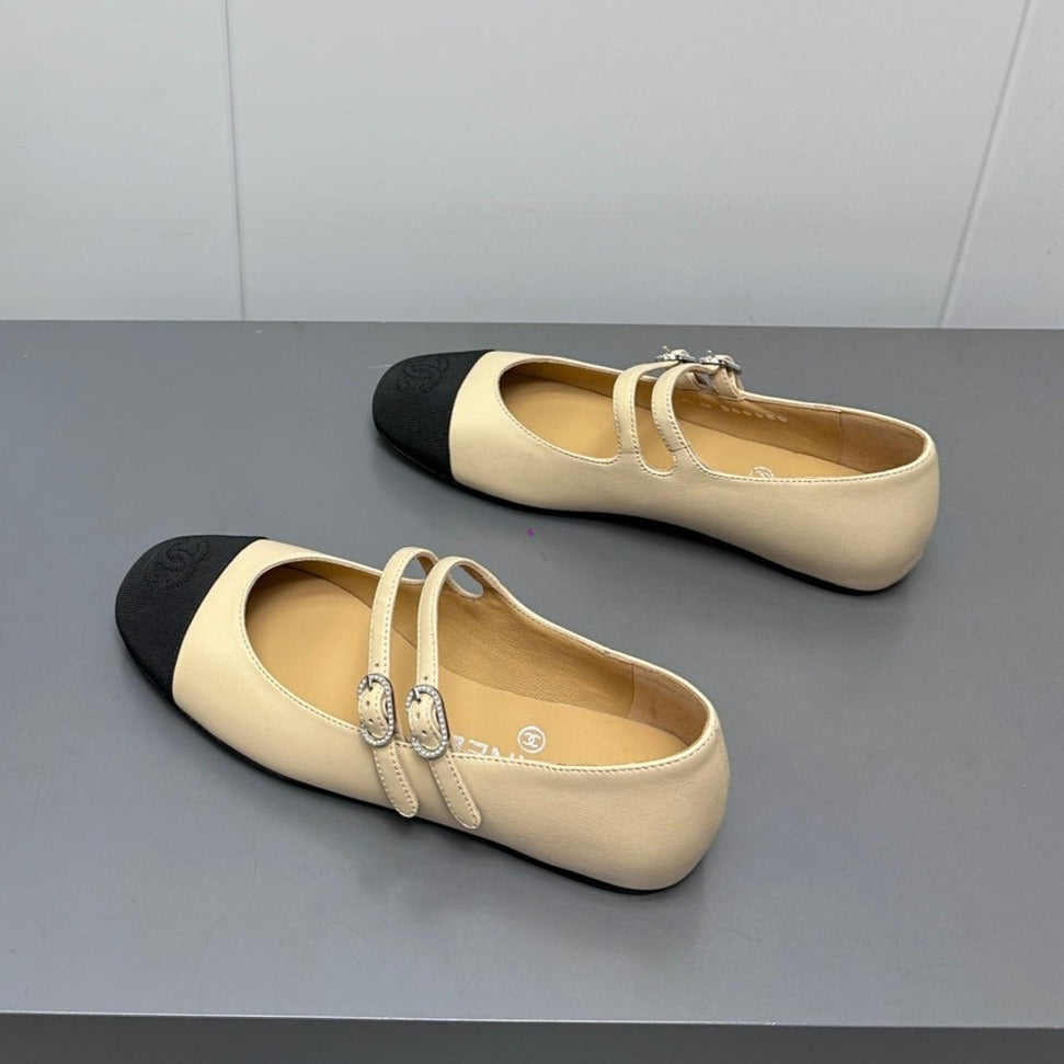 mary jane double strap beige calfskin black grosgrain