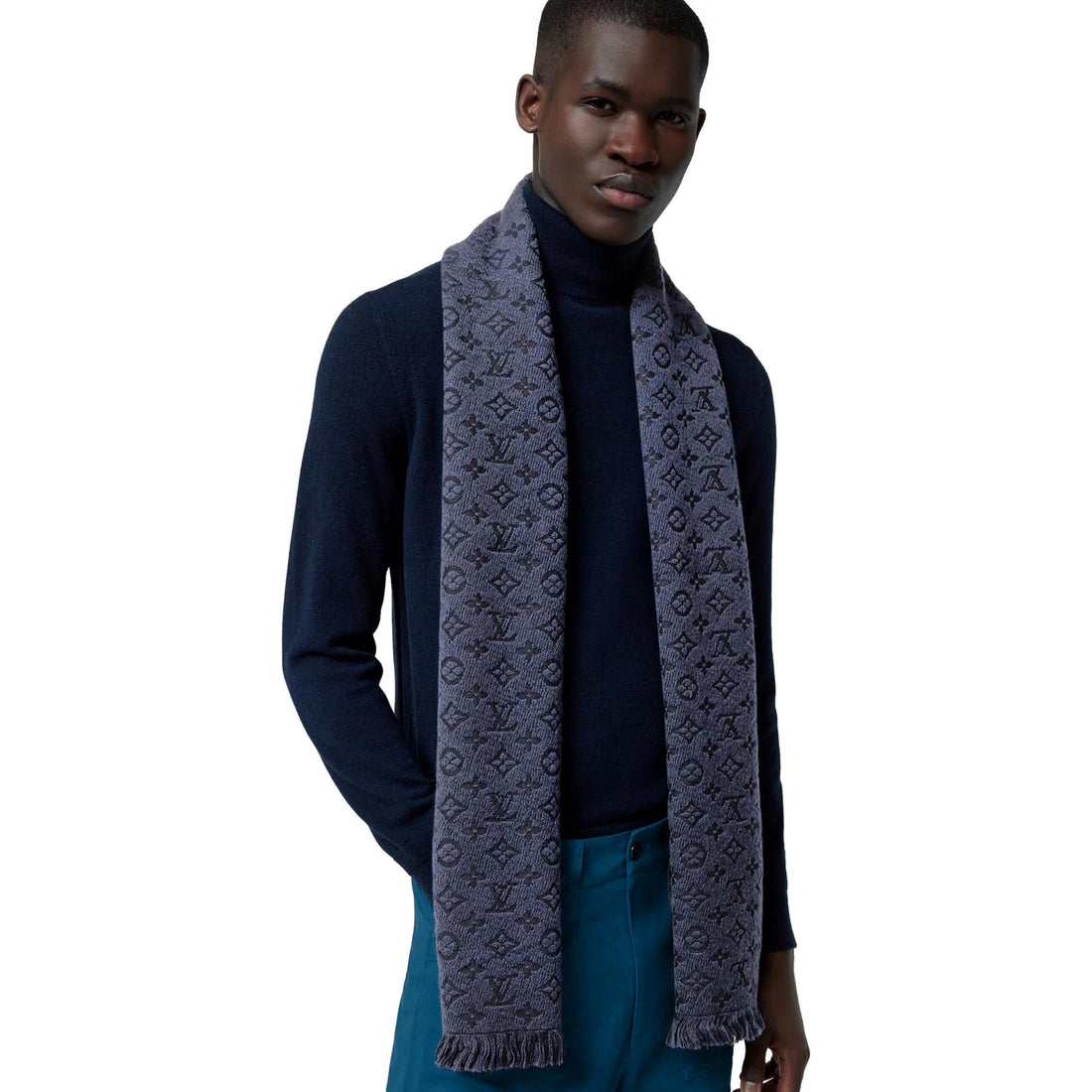 Louis Vuitton Classic Monogram Logo Navy Wool Fringe Scarf - Scarves and Shawls