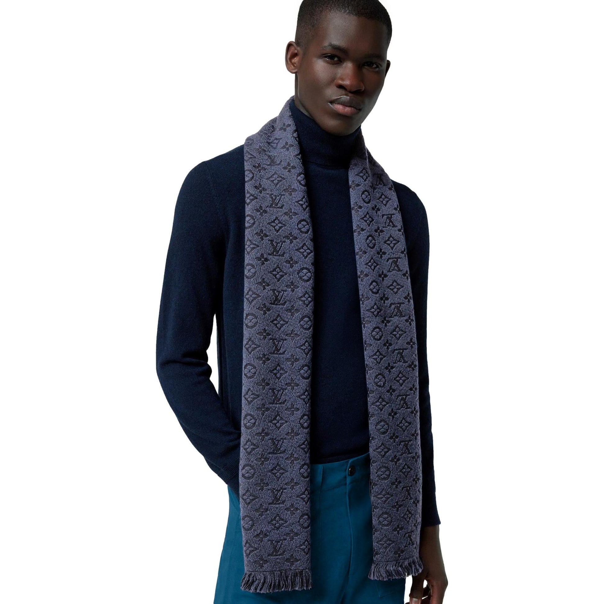 Louis Vuitton Classic Monogram Logo Navy Wool Fringe Scarf - Scarves and Shawls