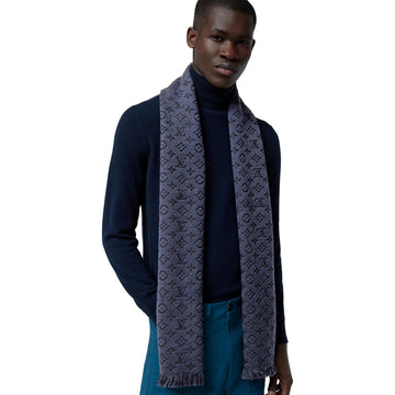 Louis Vuitton Classic Monogram Logo Navy Wool Fringe Scarf - Scarves and Shawls
