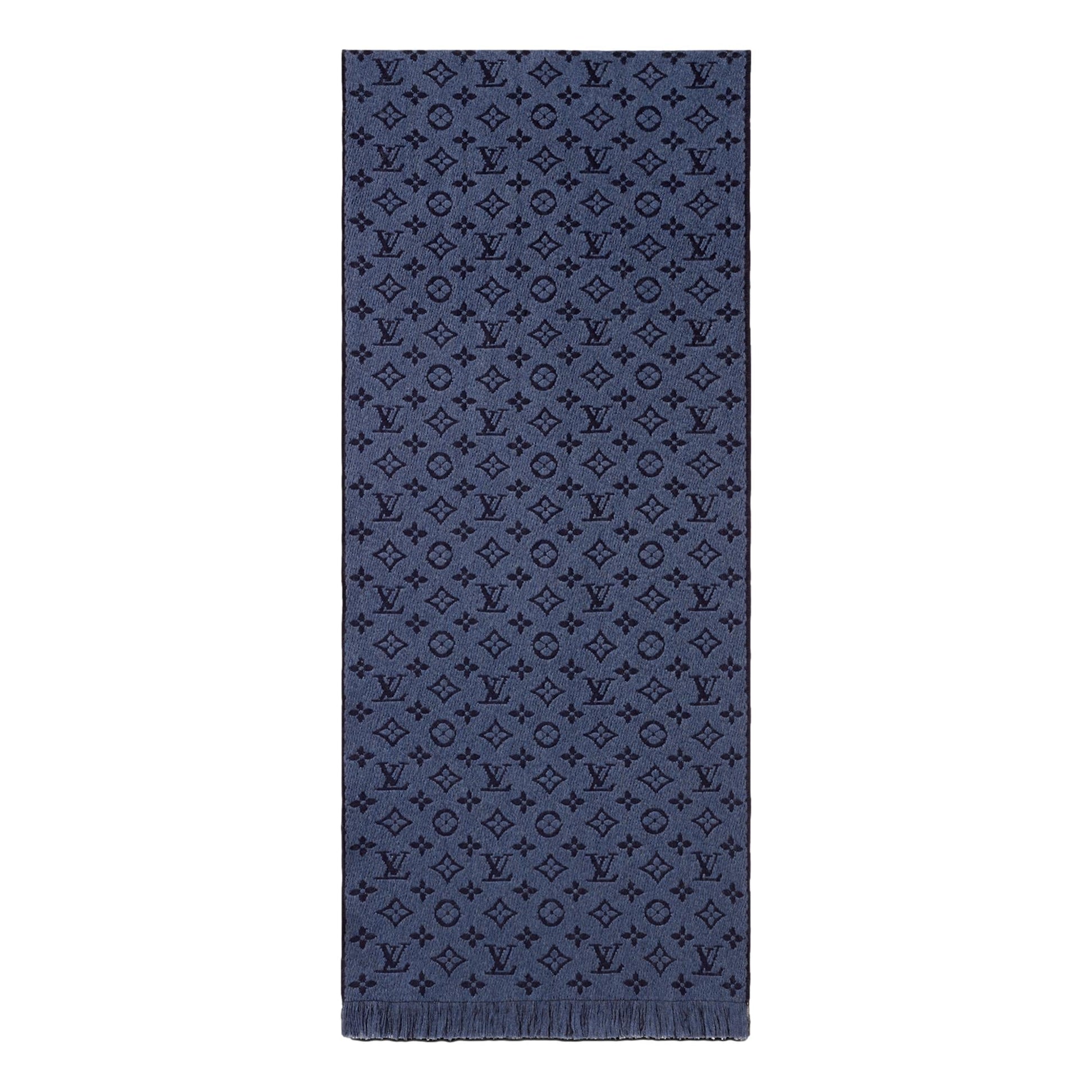Louis Vuitton Classic Monogram Logo Navy Wool Fringe Scarf - Scarves and Shawls - 3