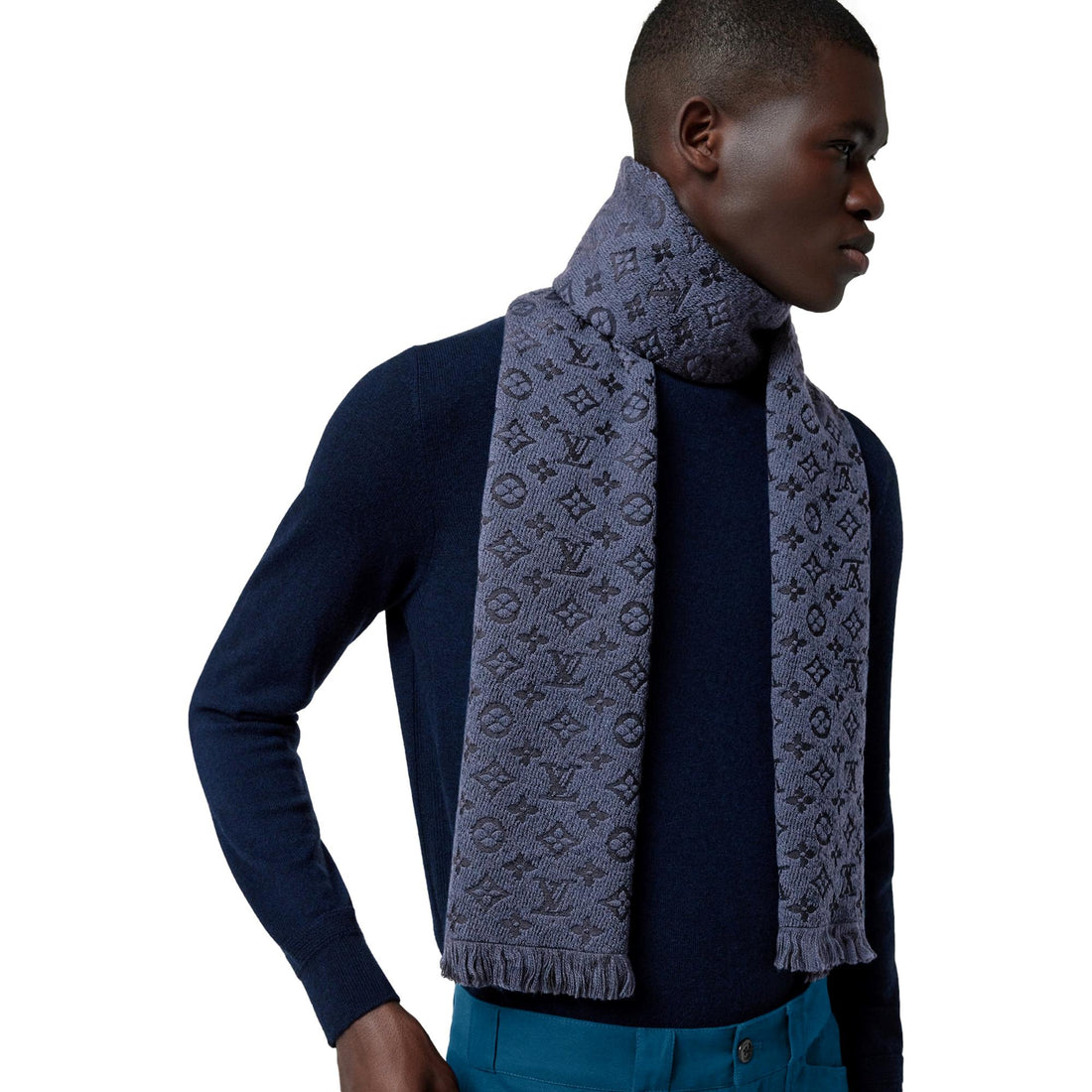 Louis Vuitton Classic Monogram Logo Navy Wool Fringe Scarf - Scarves and Shawls