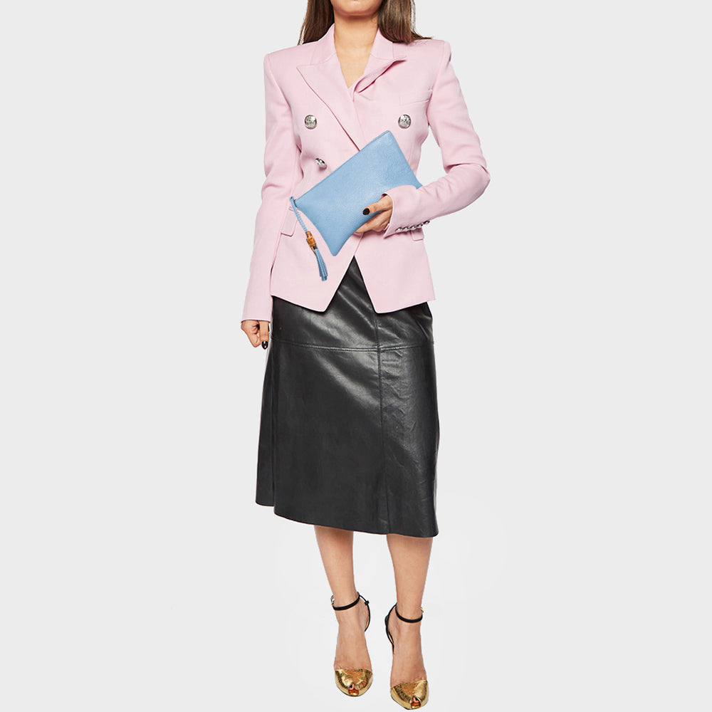 GUCCI Light Blue Leather Bamboo Tassel Clutch - Gucci
