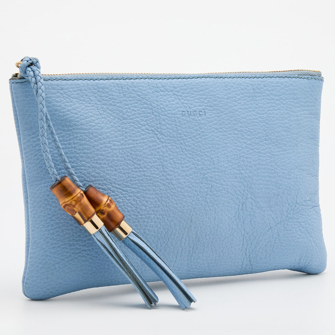 GUCCI Light Blue Leather Bamboo Tassel Clutch - Gucci