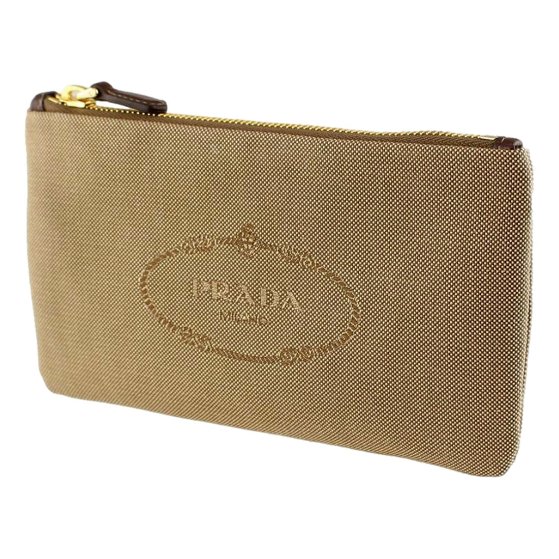 Prada Logo Jacquard Beige Canvas Small Flat Pouch Clutch Bag - Wallets