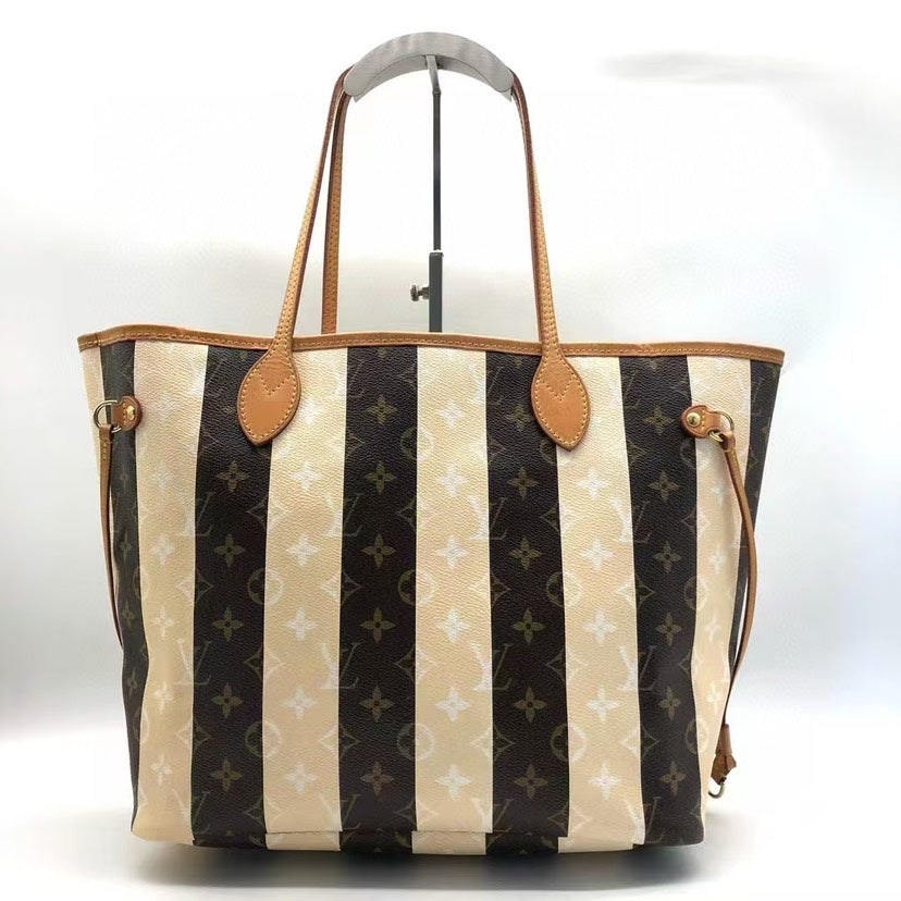 Louis Vuitton Neverfull MM Monogram Canvas Striped Tote Bag Brown Beige - Handbags