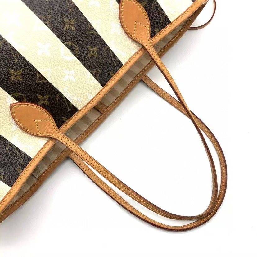 Louis Vuitton Neverfull MM Monogram Canvas Striped Tote Bag Brown Beige - Handbags