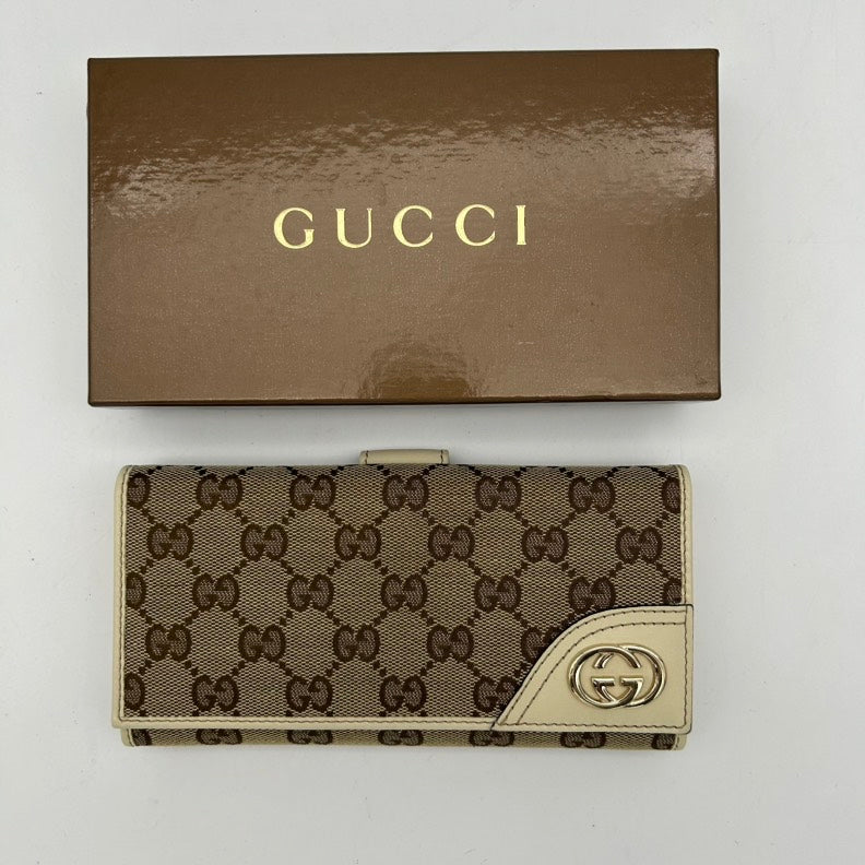 Gucci Beige Brown GG Canvas Leather Clutch Wristlet Medium Size - HandBags
