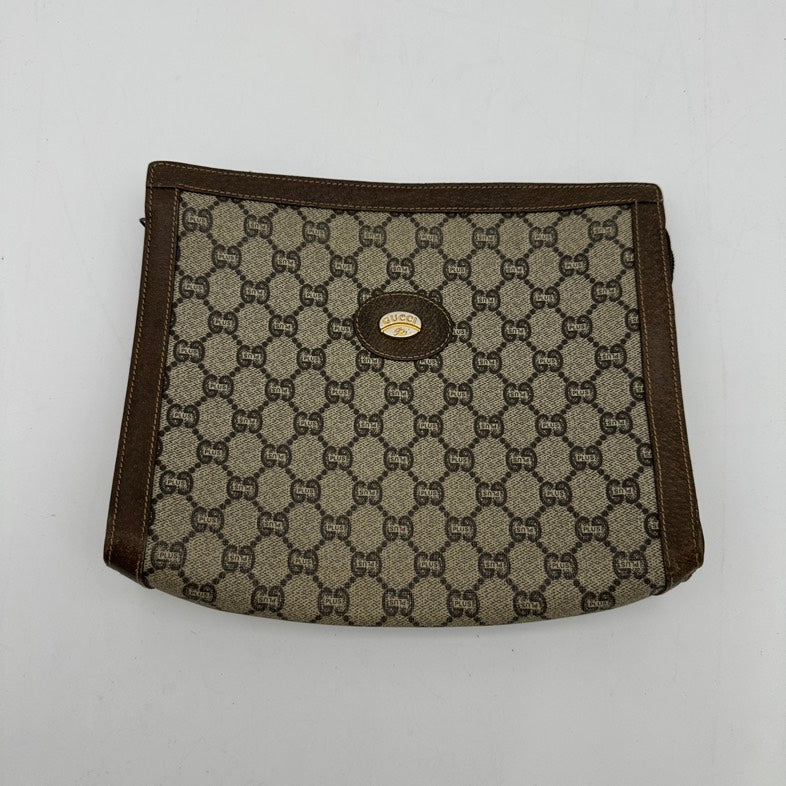 Gucci Beige Brown Canvas Leather Clutch Wristlet Medium Size - HandBags