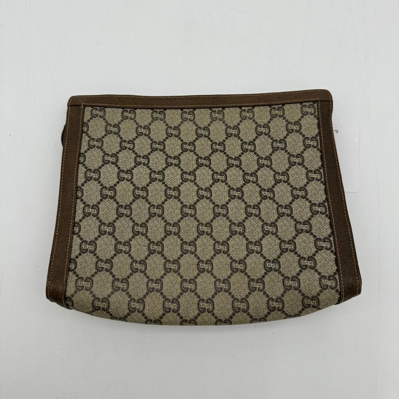 Gucci Beige Brown Canvas Leather Clutch Wristlet Medium Size - HandBags