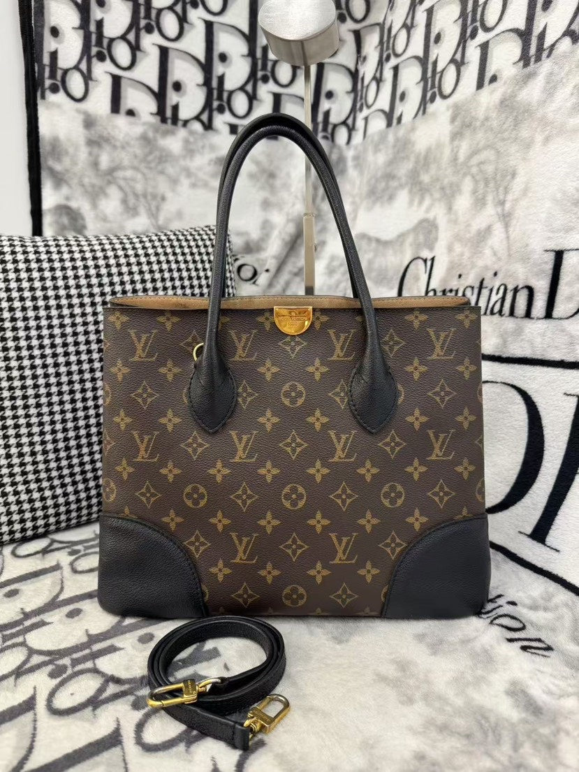Louis Vuitton Monogram Canvas Black Leather Tote Bag Medium - Handbags